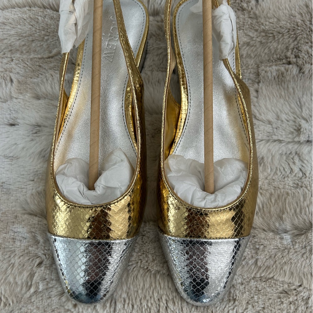 J. Crew Factory Gold and Silver Bock Heel Slingbacks